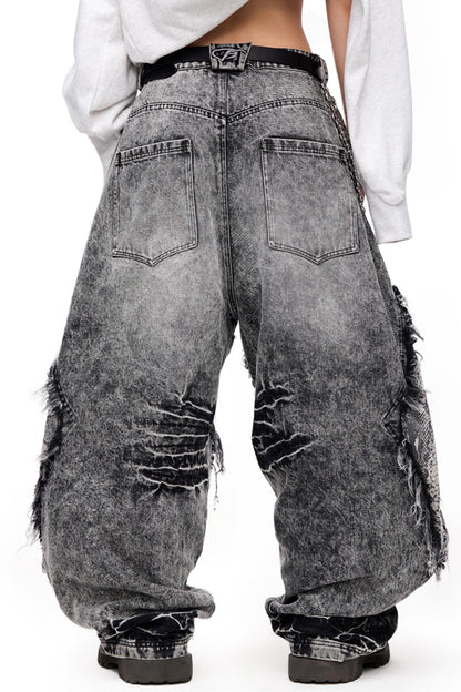 Raw-Edge Snakeskin Wide-Leg Jeans