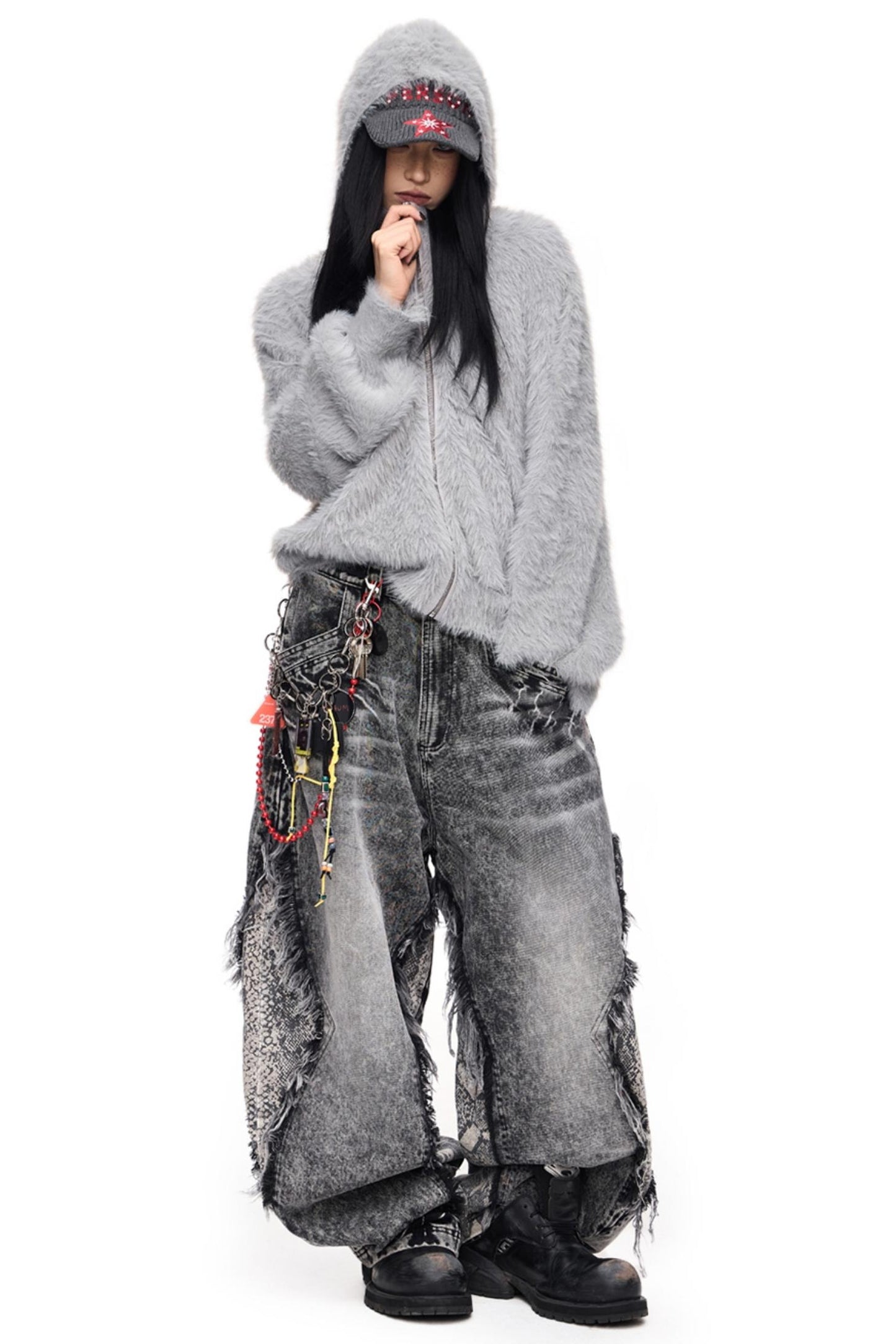 Raw-Edge Snakeskin Wide-Leg Jeans