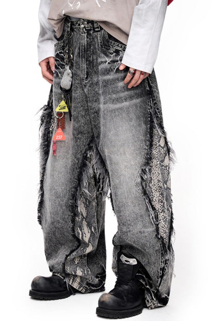 Raw-Edge Snakeskin Wide-Leg Jeans