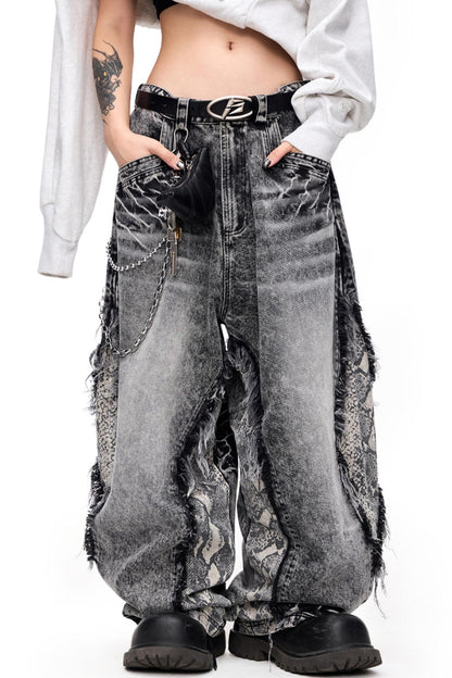 Raw-Edge Snakeskin Wide-Leg Jeans