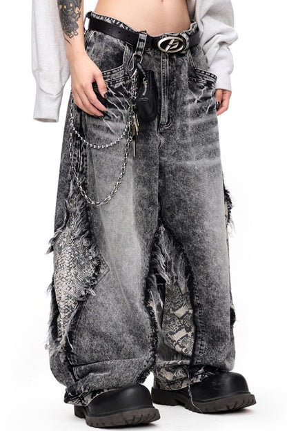 Raw-Edge Snakeskin Wide-Leg Jeans