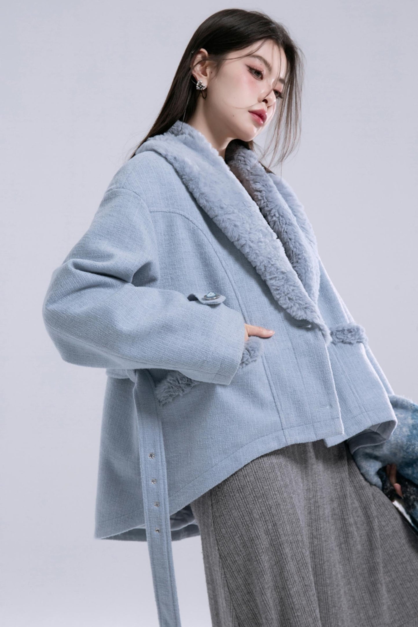 Soft Mist Blue Velvet Coat