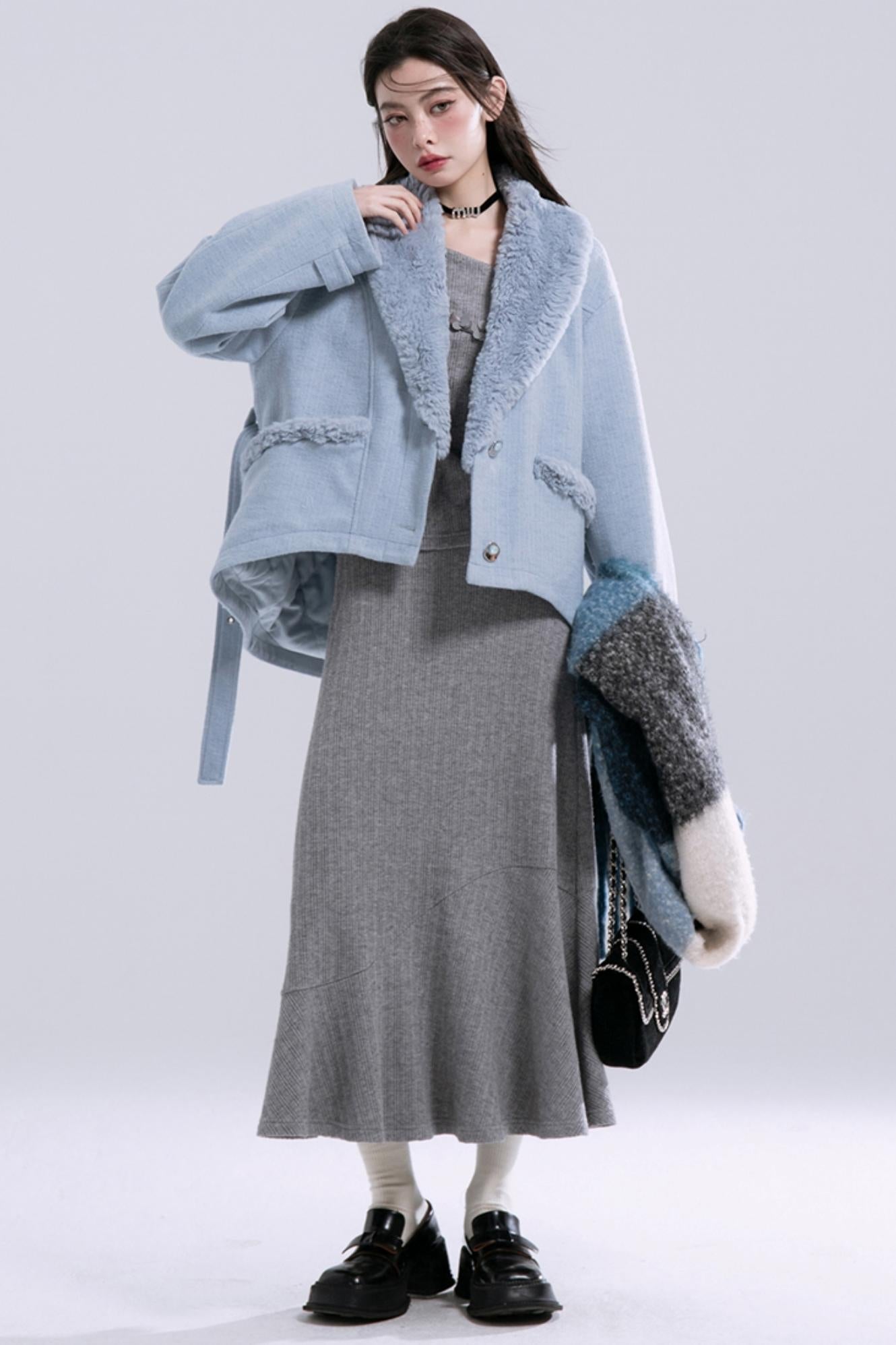 Soft Mist Blue Velvet Coat