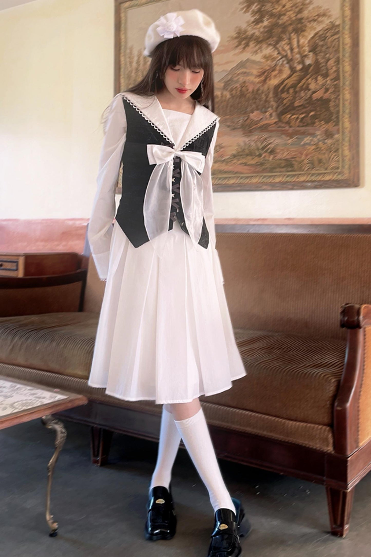 Sailor Collar Lace Pleated Dress