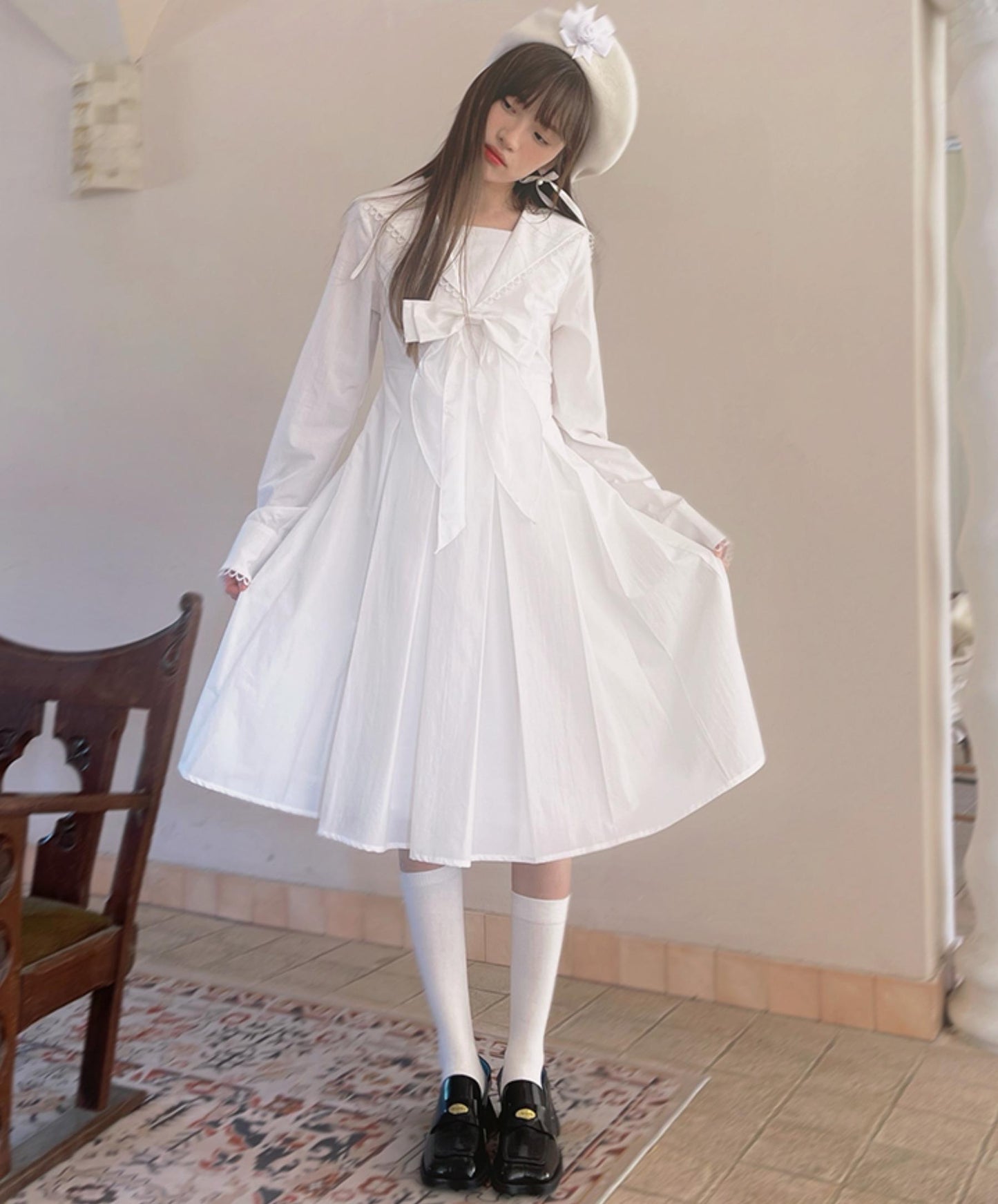 Sailor Collar Lace Pleated Dress