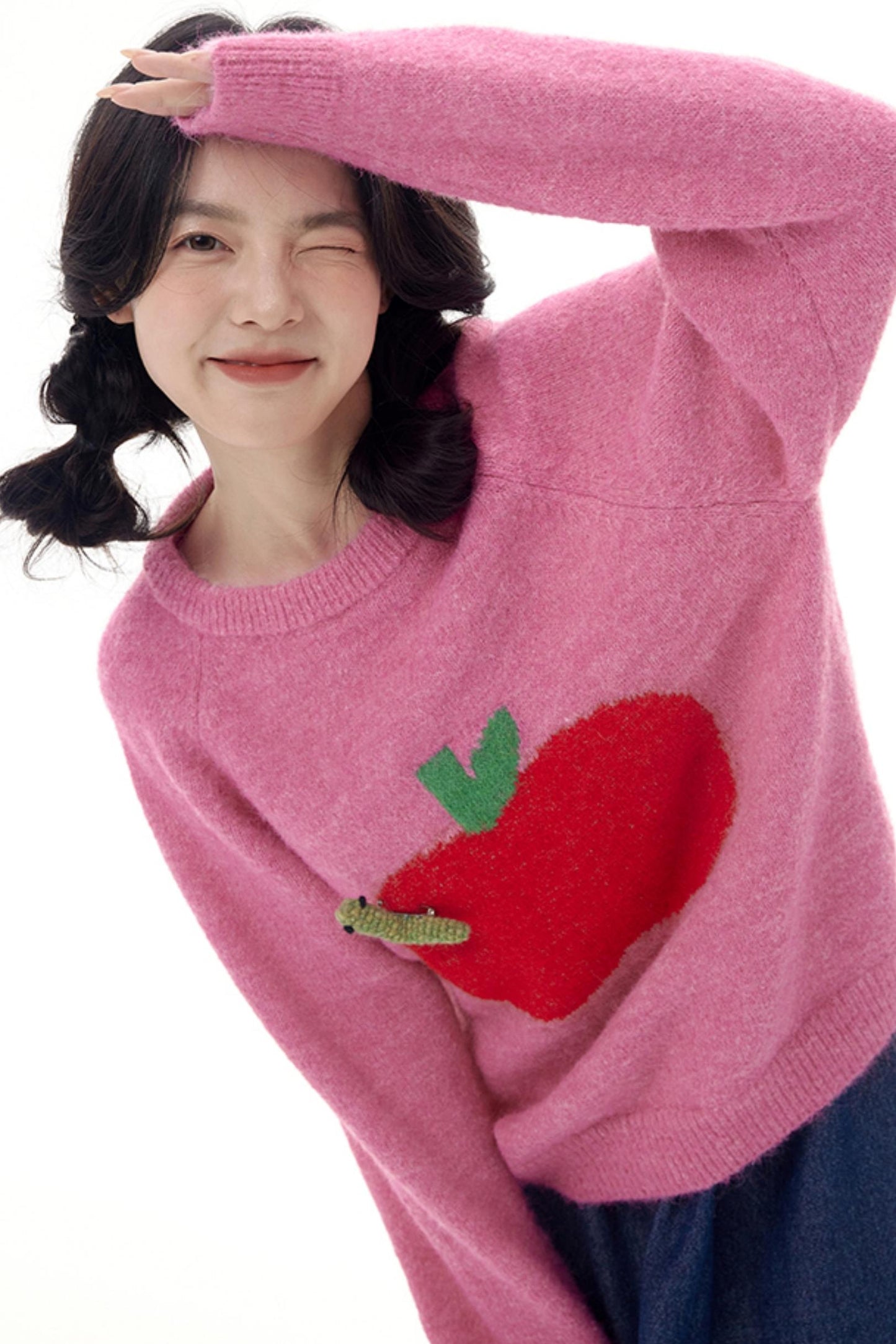 Pink Apple Bug Brooch Sweater Top