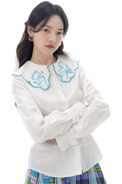 Bear Embroidered Lace Collar Shirt