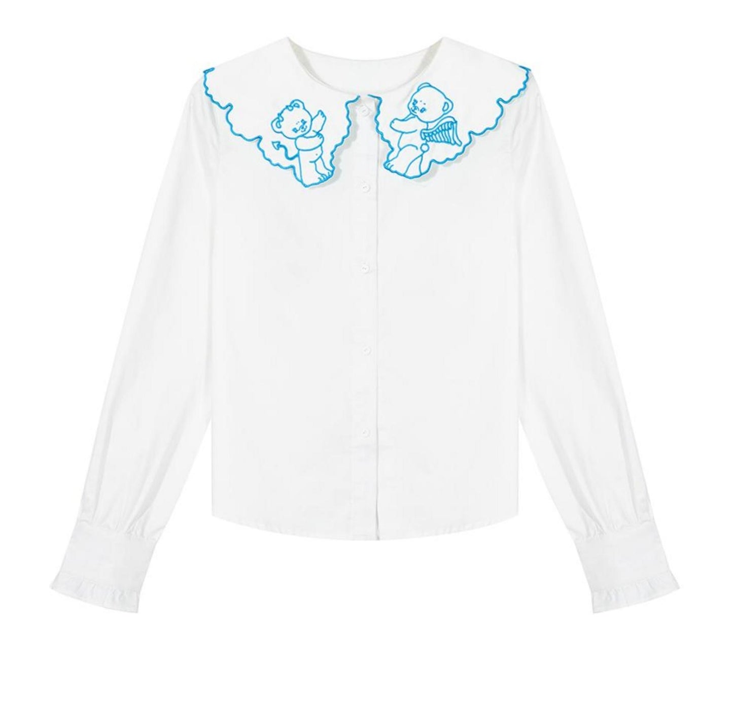 Bear Embroidered Lace Collar Shirt