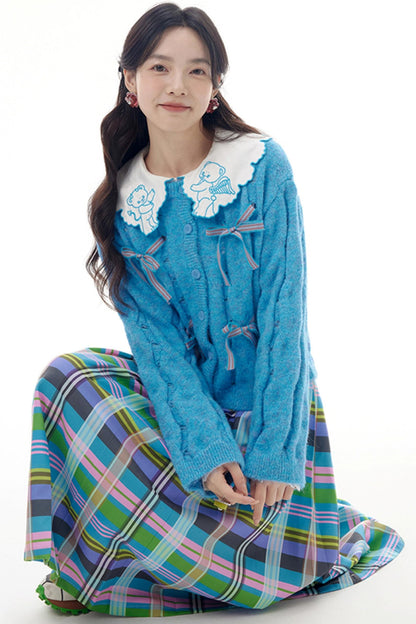 Bear Embroidered Lace Collar Shirt