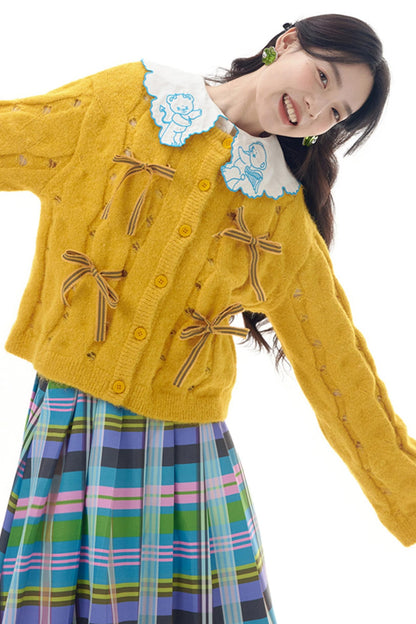 Yellow Blue Bow Plush Cardigan