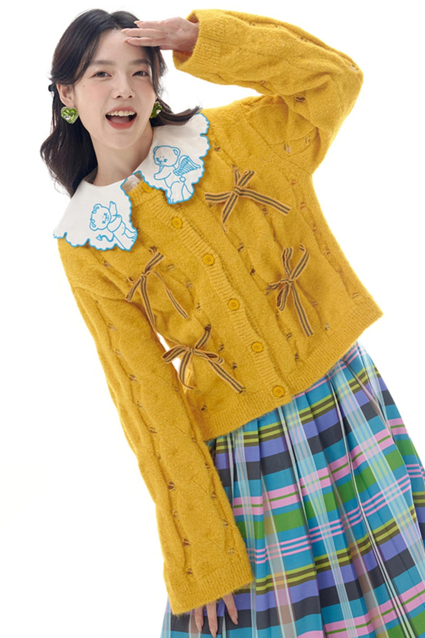 Yellow Blue Bow Plush Cardigan