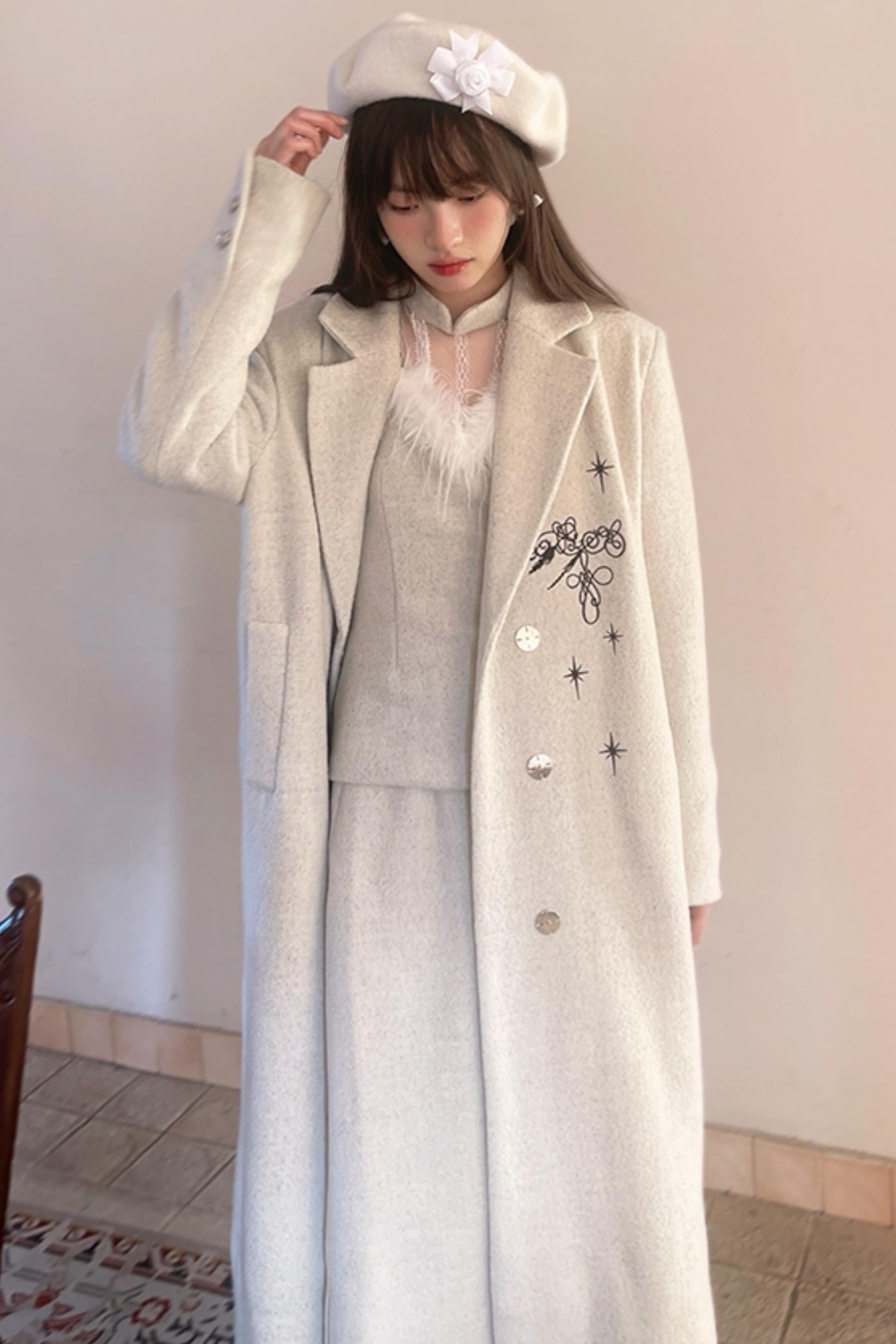 Star Embroidered Tweed Long Coat