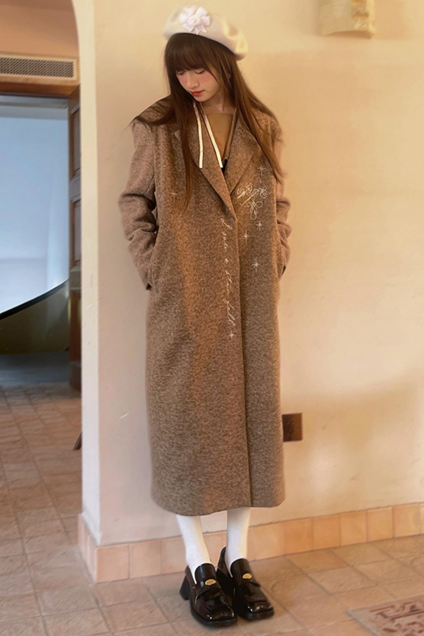 Star Embroidered Tweed Long Coat