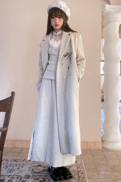 Star Embroidered Tweed Long Coat