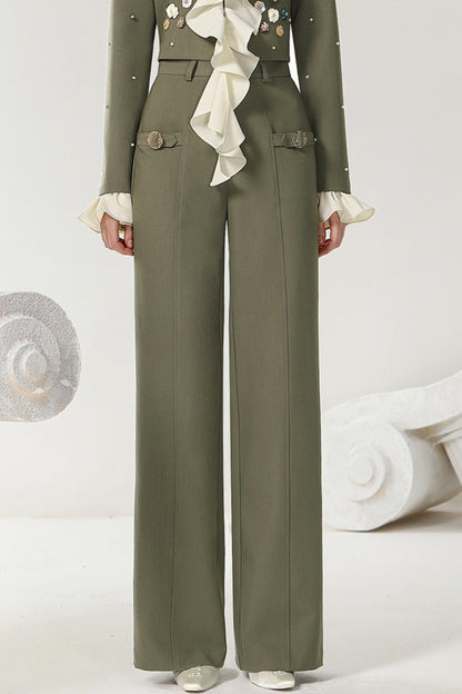 Army Green Wide-Leg Trousers