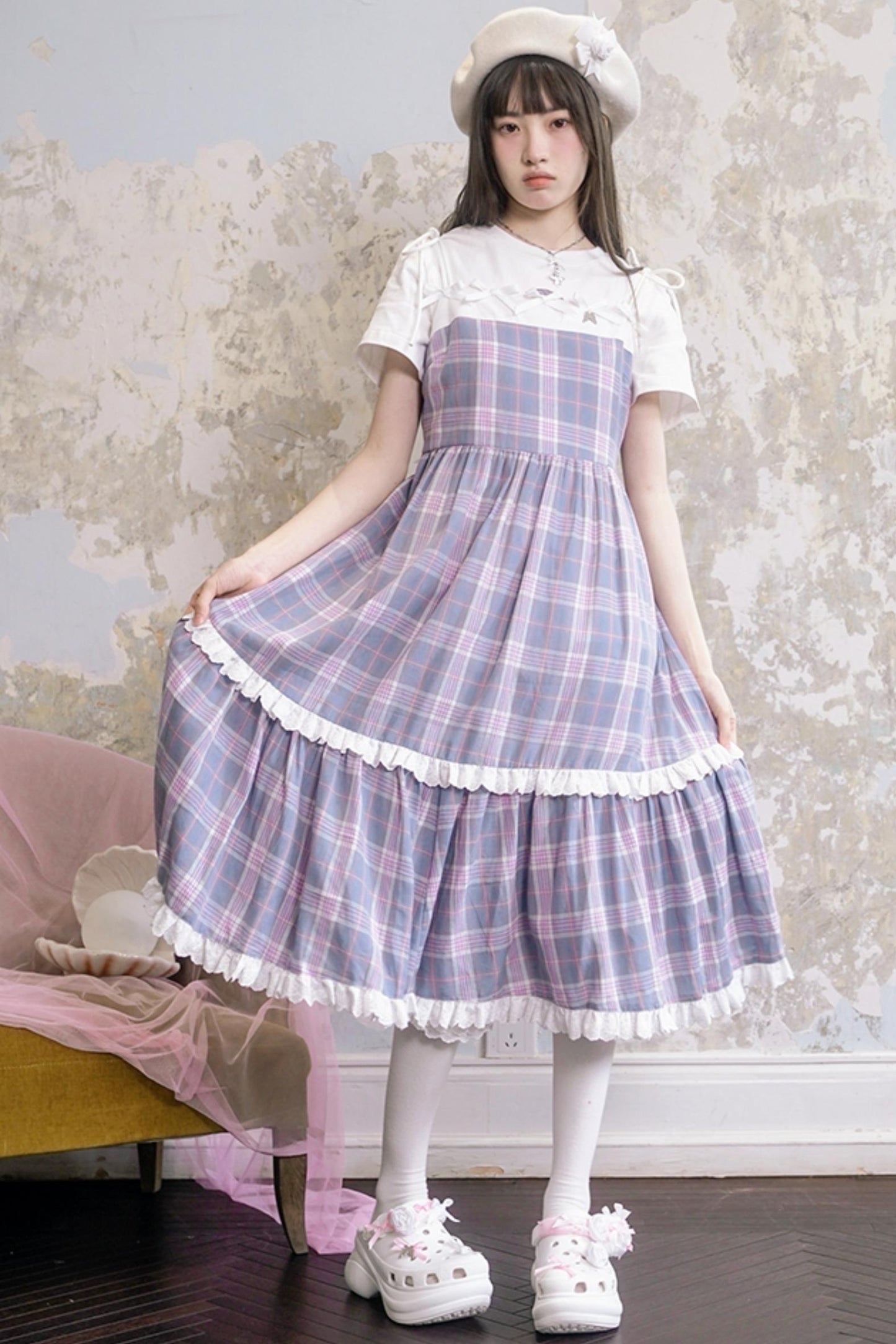 Heart Bow Plaid Lace Dress