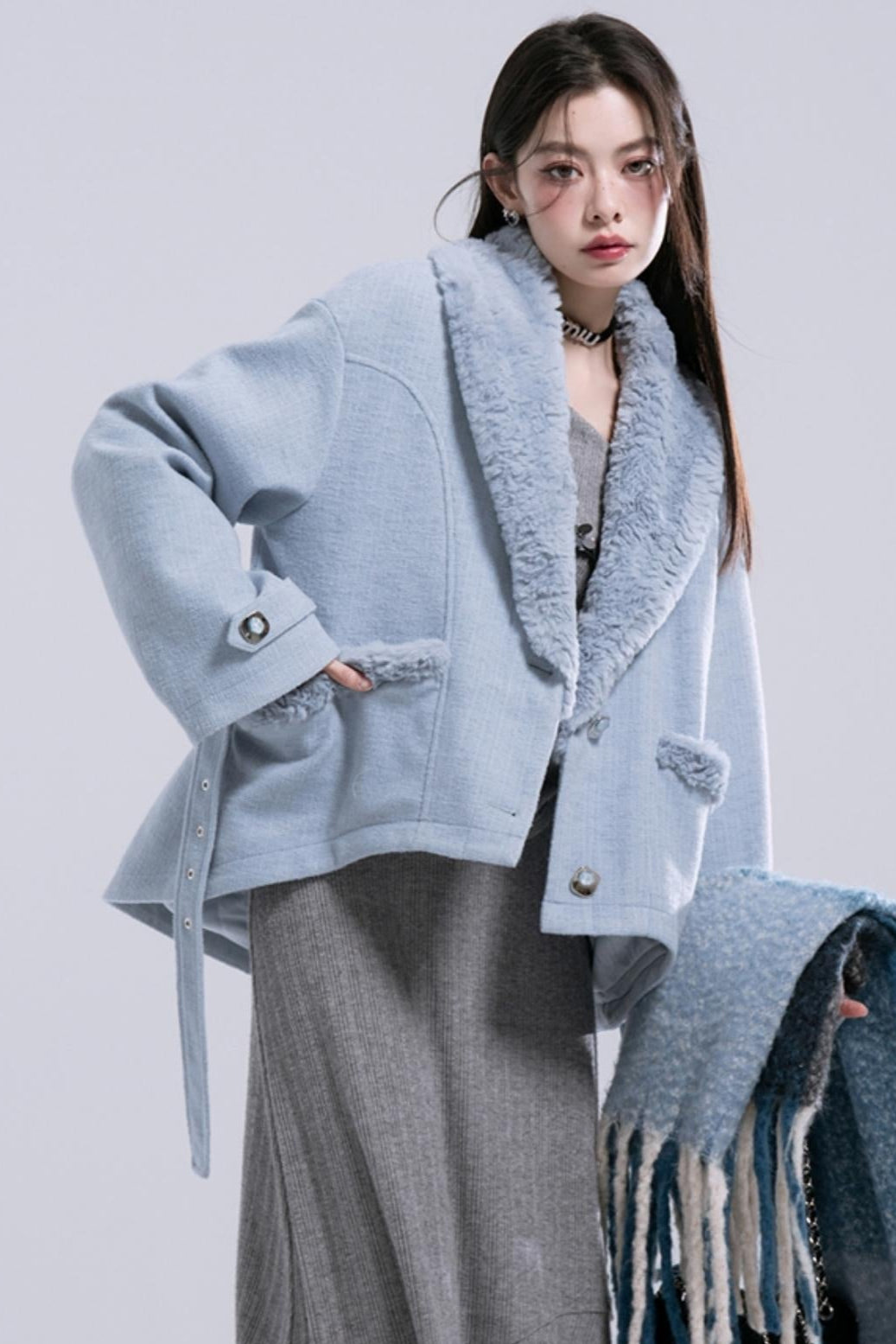 Soft Mist Blue Velvet Coat