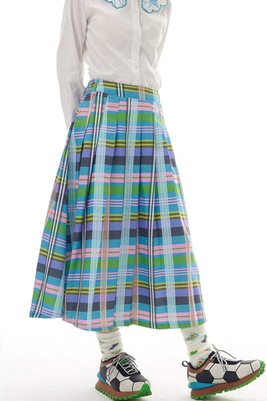 Slim Check Pleated Long Skirt