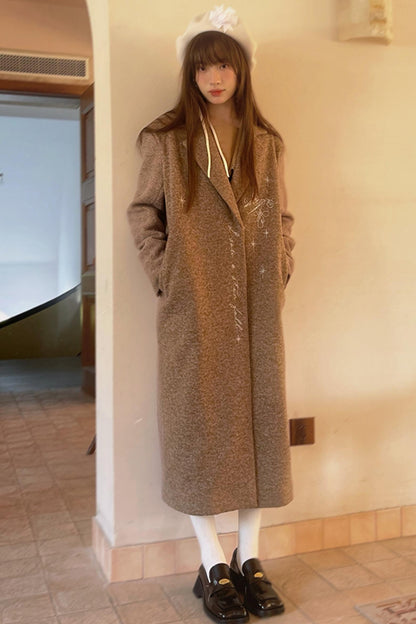 Star Embroidered Tweed Long Coat