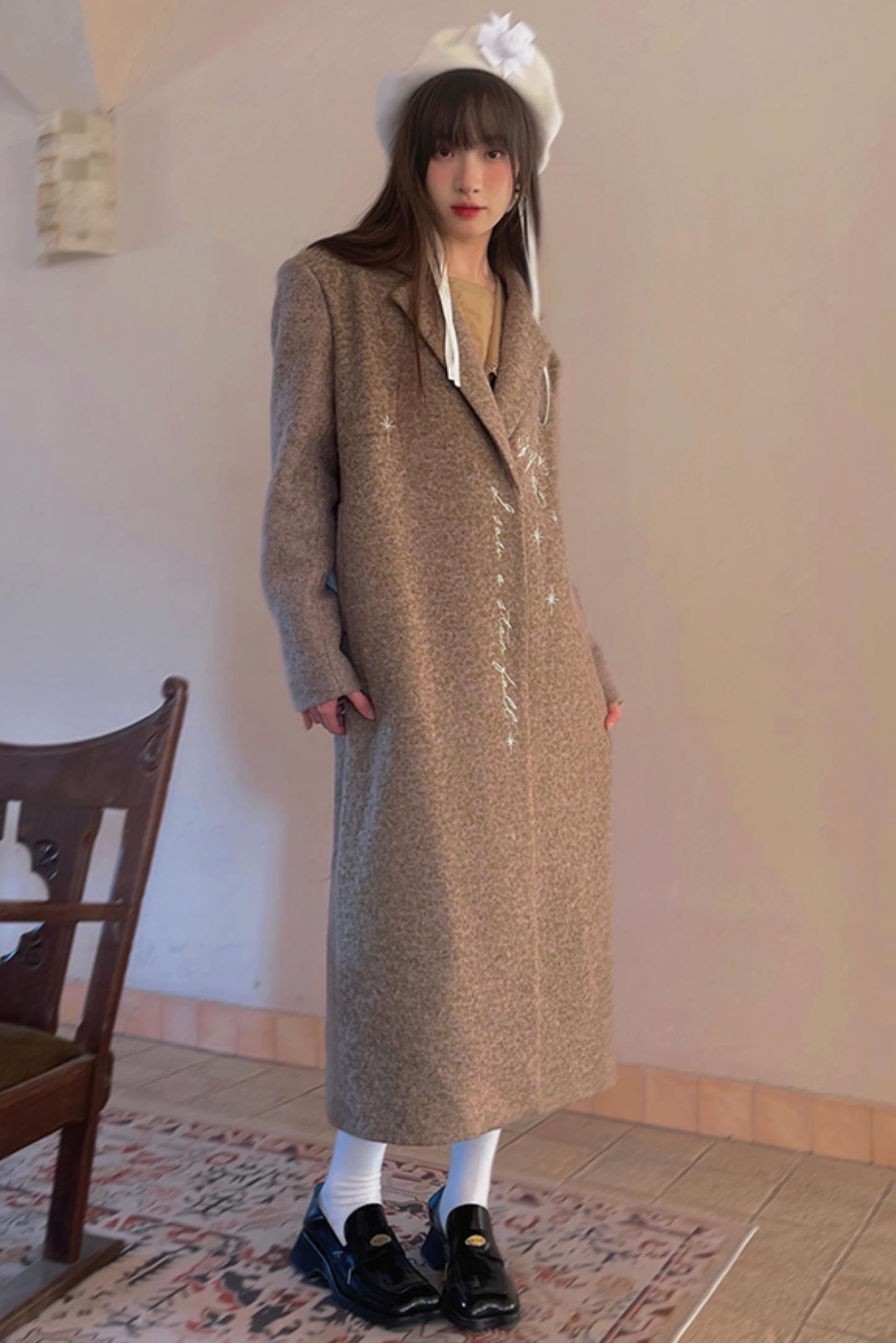 Star Embroidered Tweed Long Coat