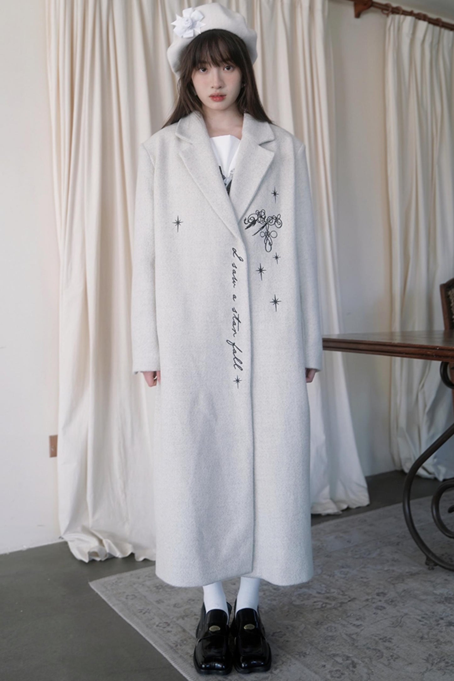 Star Embroidered Tweed Long Coat