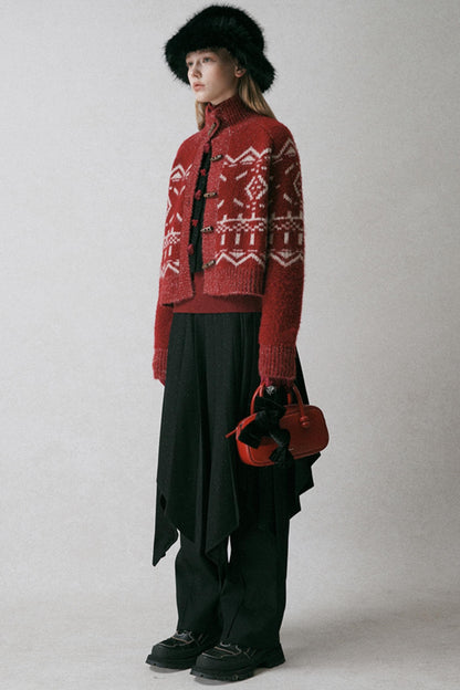 Red Turtleneck Jacquard Cardigan