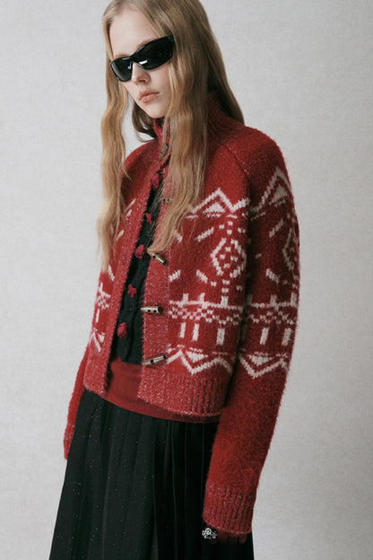 Red Turtleneck Jacquard Cardigan