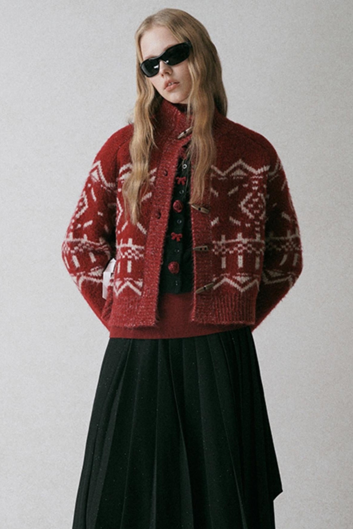 Red Turtleneck Jacquard Cardigan