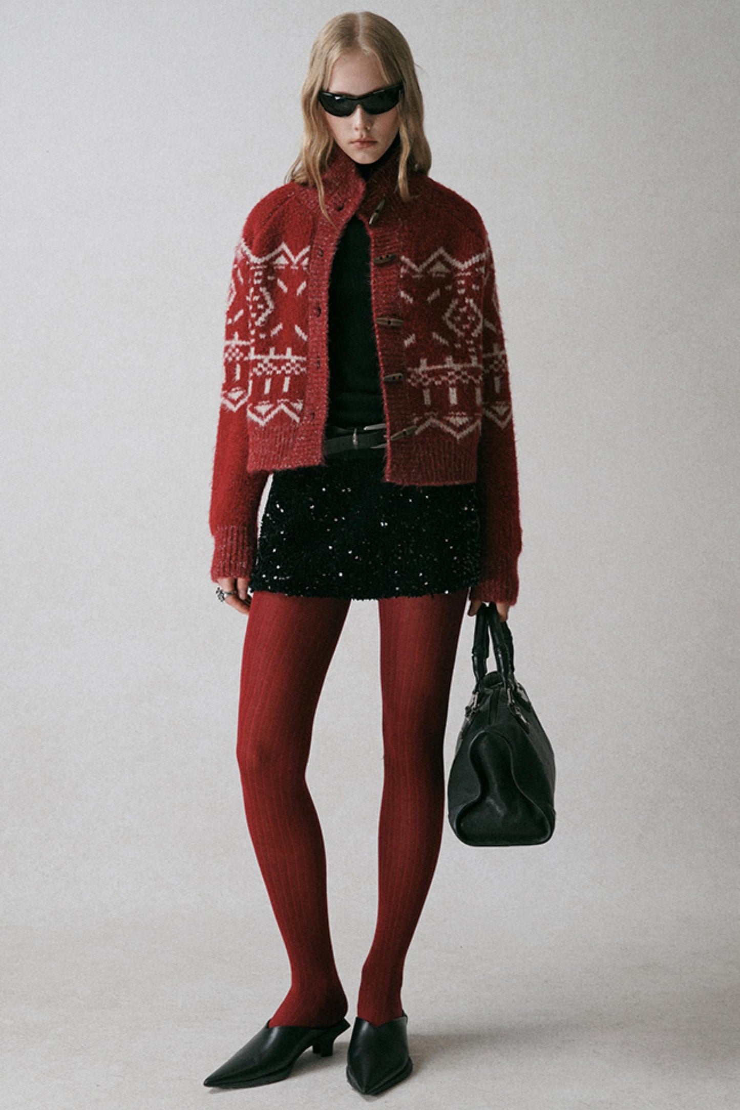 Red Turtleneck Jacquard Cardigan