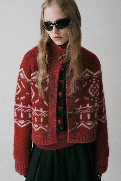 Red Turtleneck Jacquard Cardigan