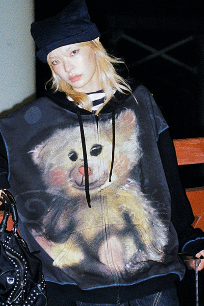 Bear Print Sweatshirt Jacket