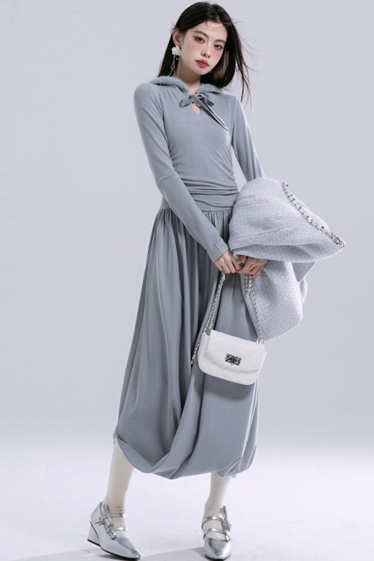 Hooded Gray Knit Dress