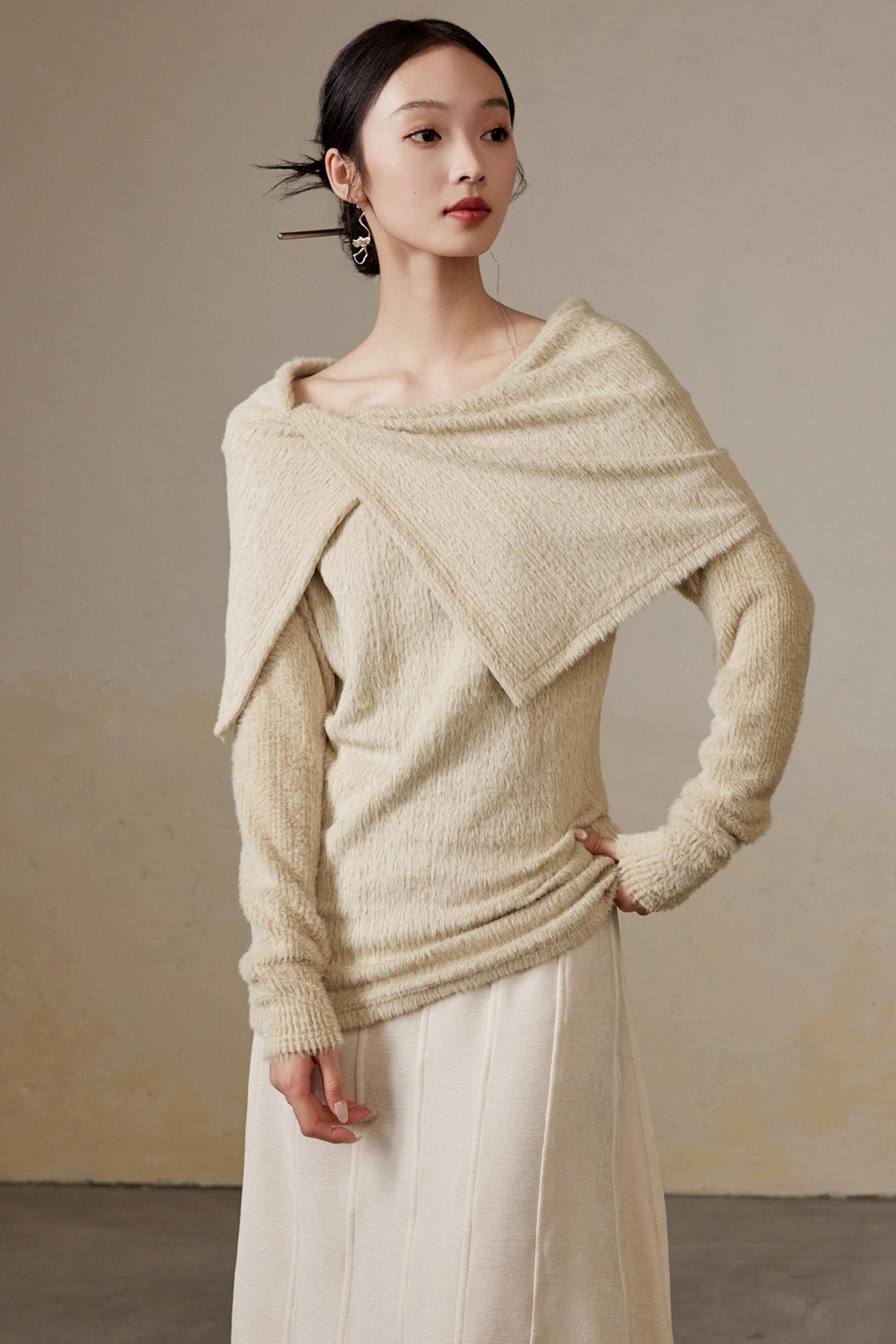 Mohair Lapel Thick Long Sweater Top