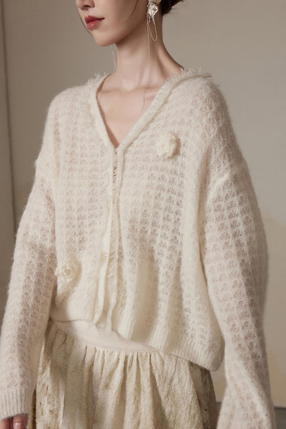 Floral Pattern Wool V-Neck Cardigan