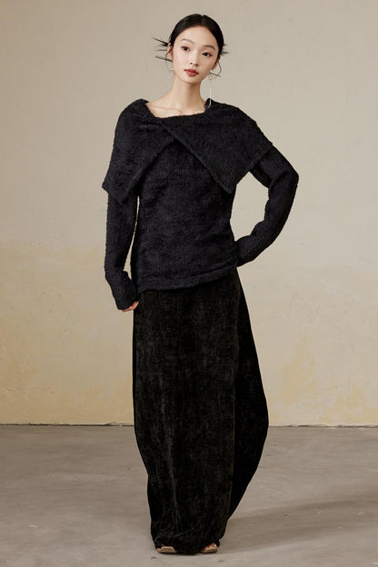 Mohair Lapel Thick Long Sweater Top