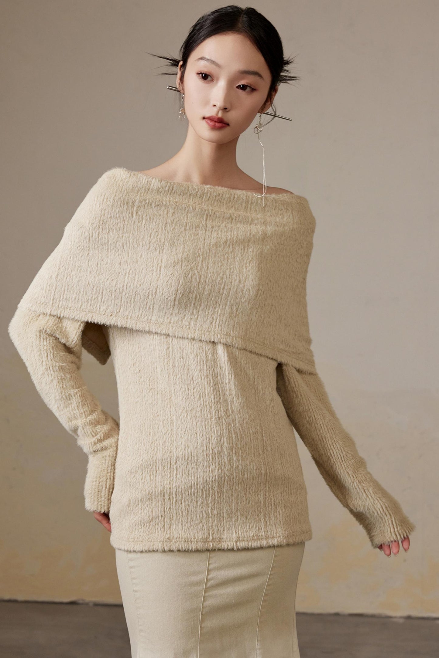 Mohair Lapel Thick Long Sweater Top