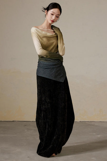 Draped Velvet Long Skirt