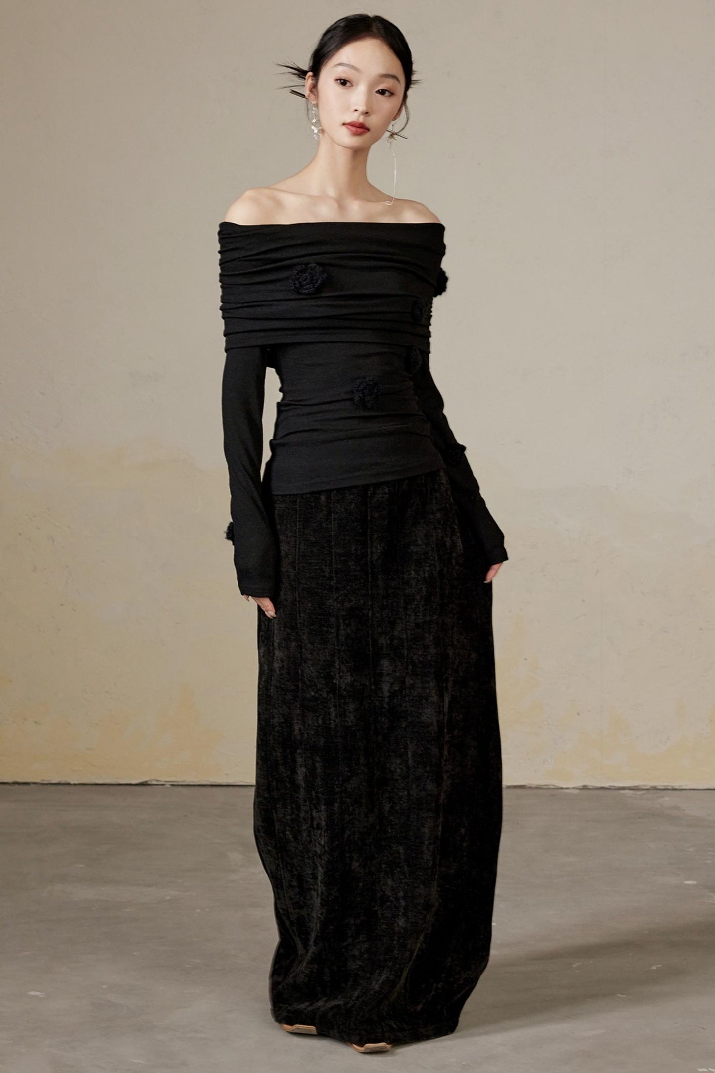 Draped Velvet Long Skirt