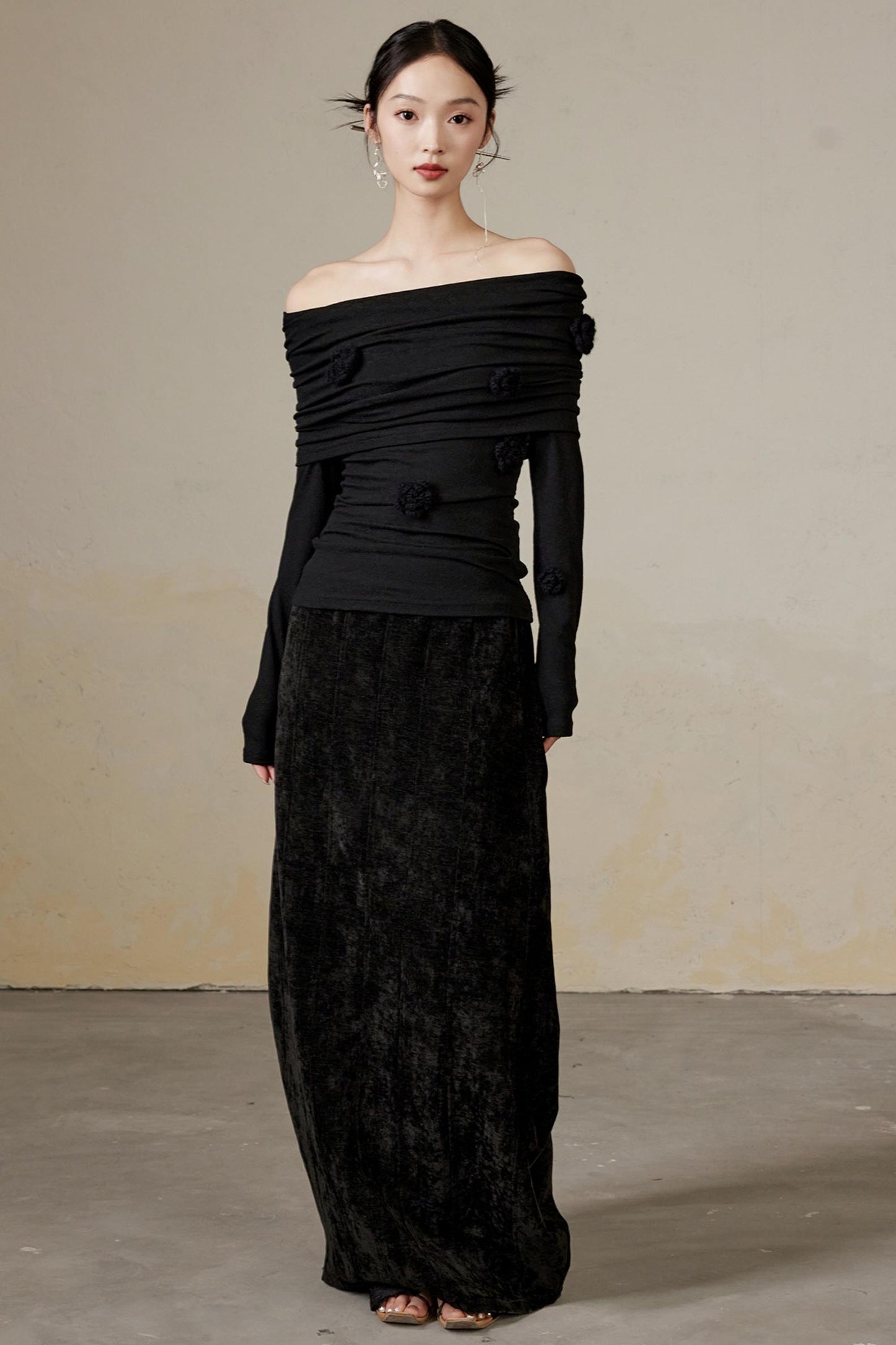 Draped Velvet Long Skirt