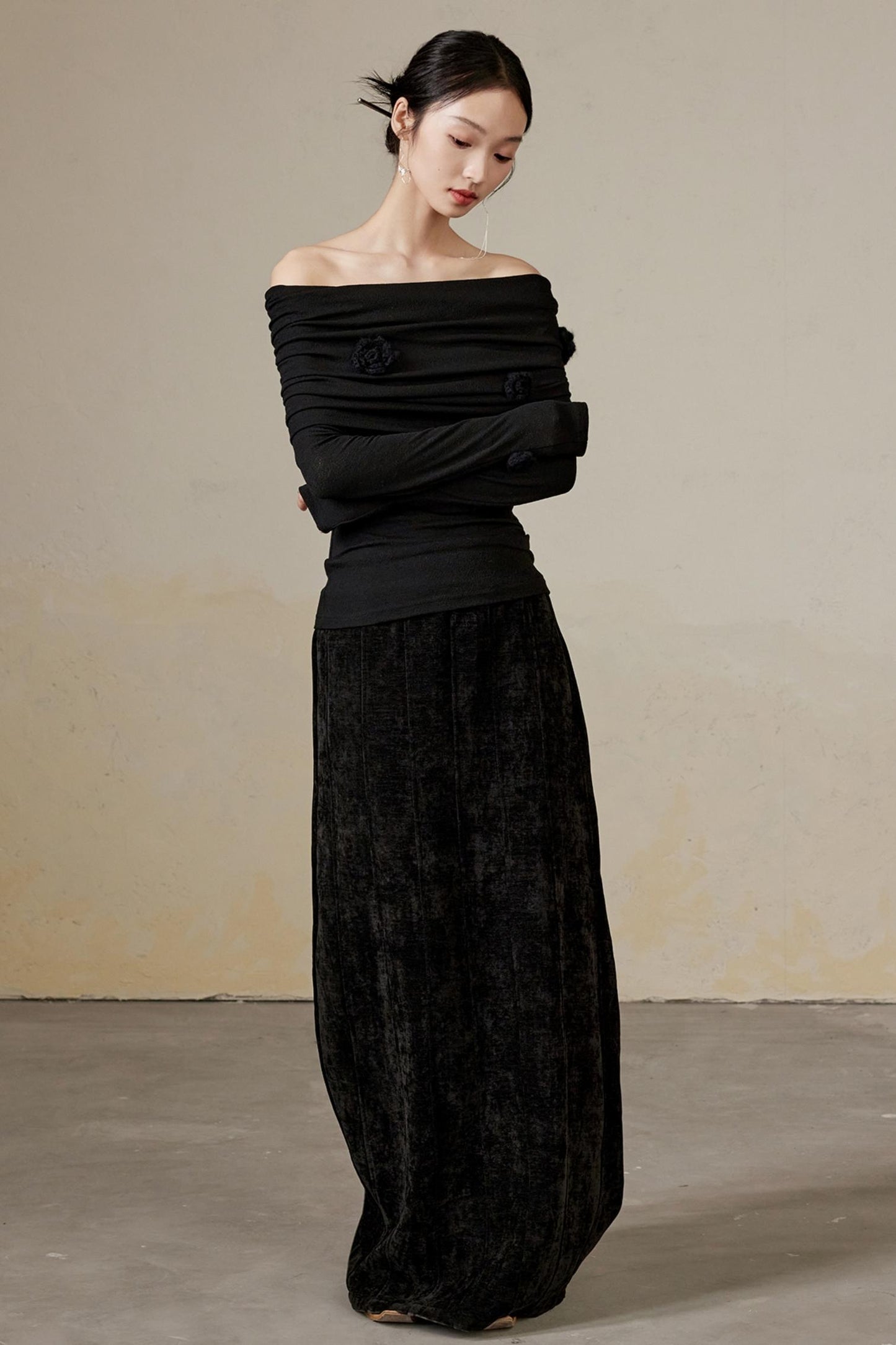 Draped Velvet Long Skirt