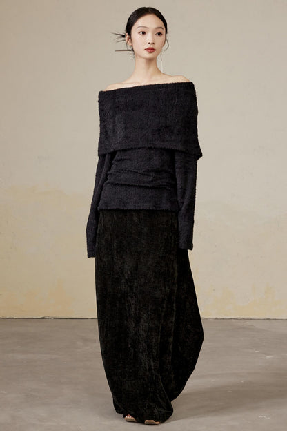 Draped Velvet Long Skirt