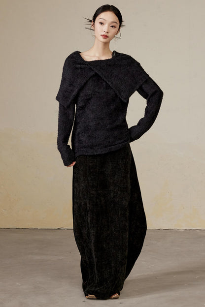 Draped Velvet Long Skirt