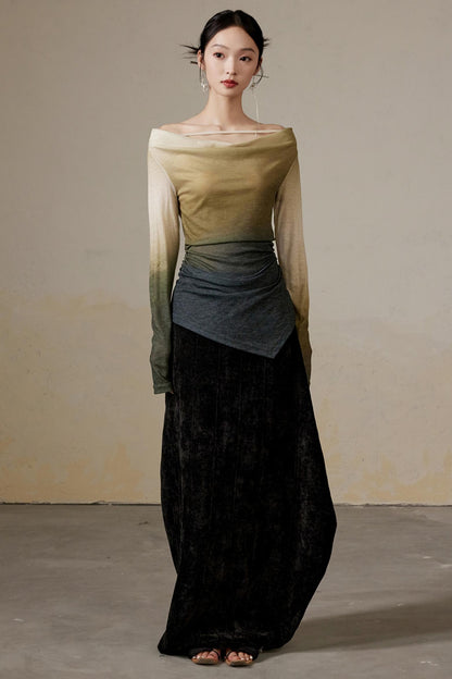 Draped Velvet Long Skirt