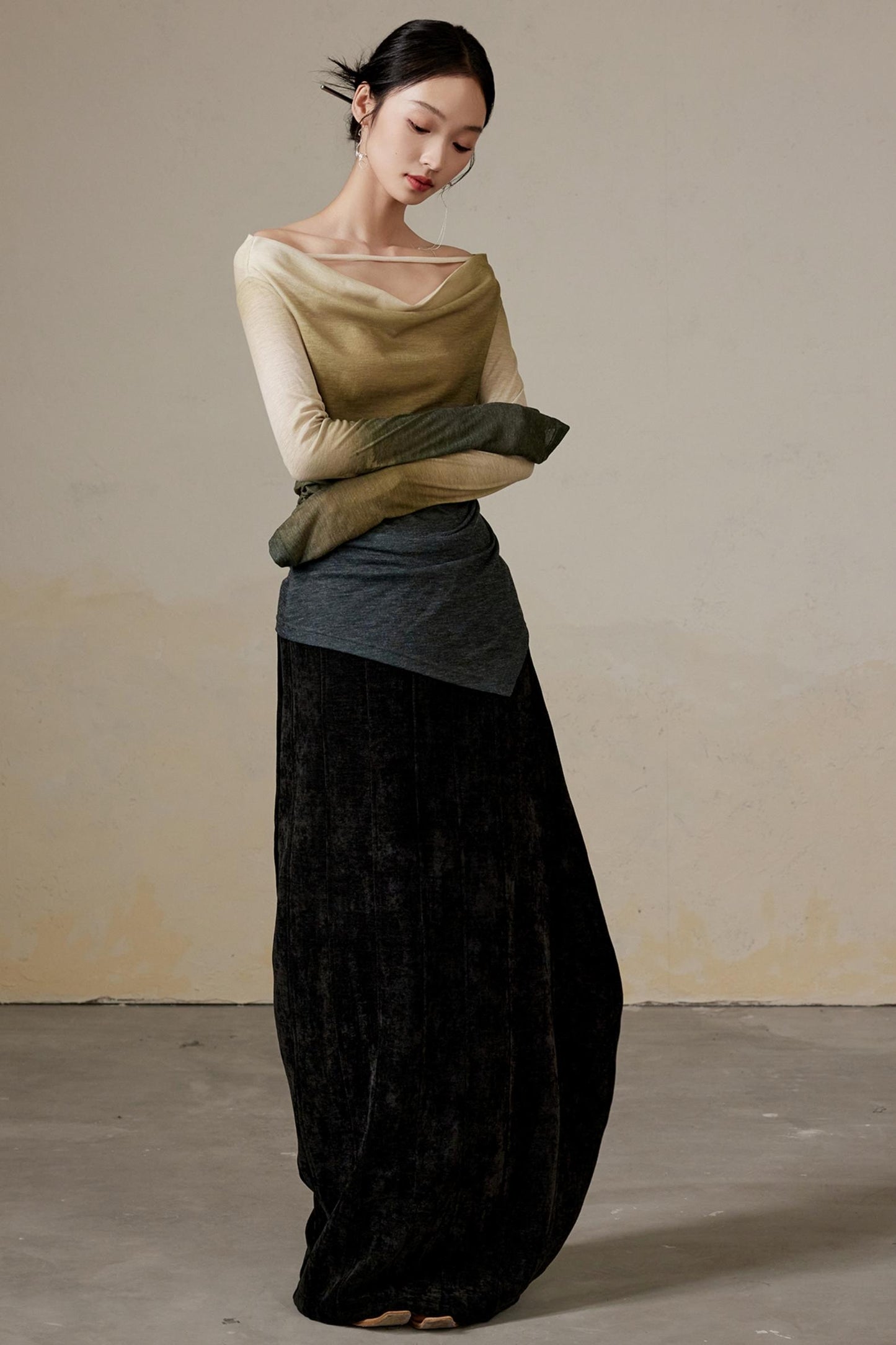 Draped Velvet Long Skirt