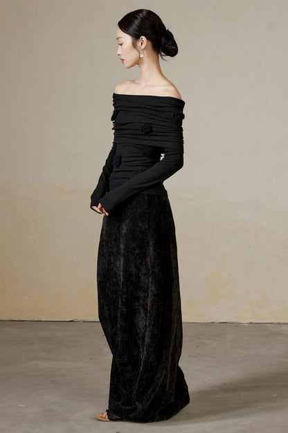 Draped Velvet Long Skirt