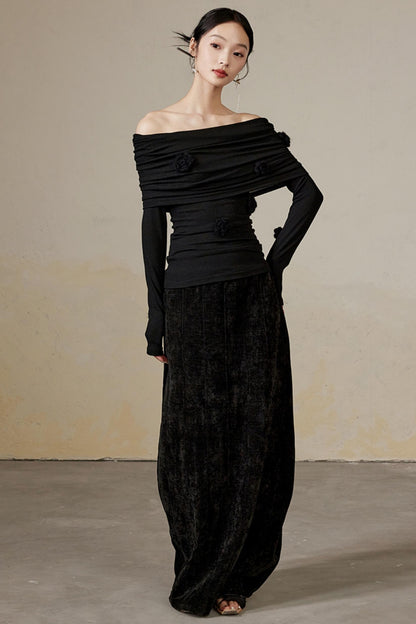 Draped Velvet Long Skirt