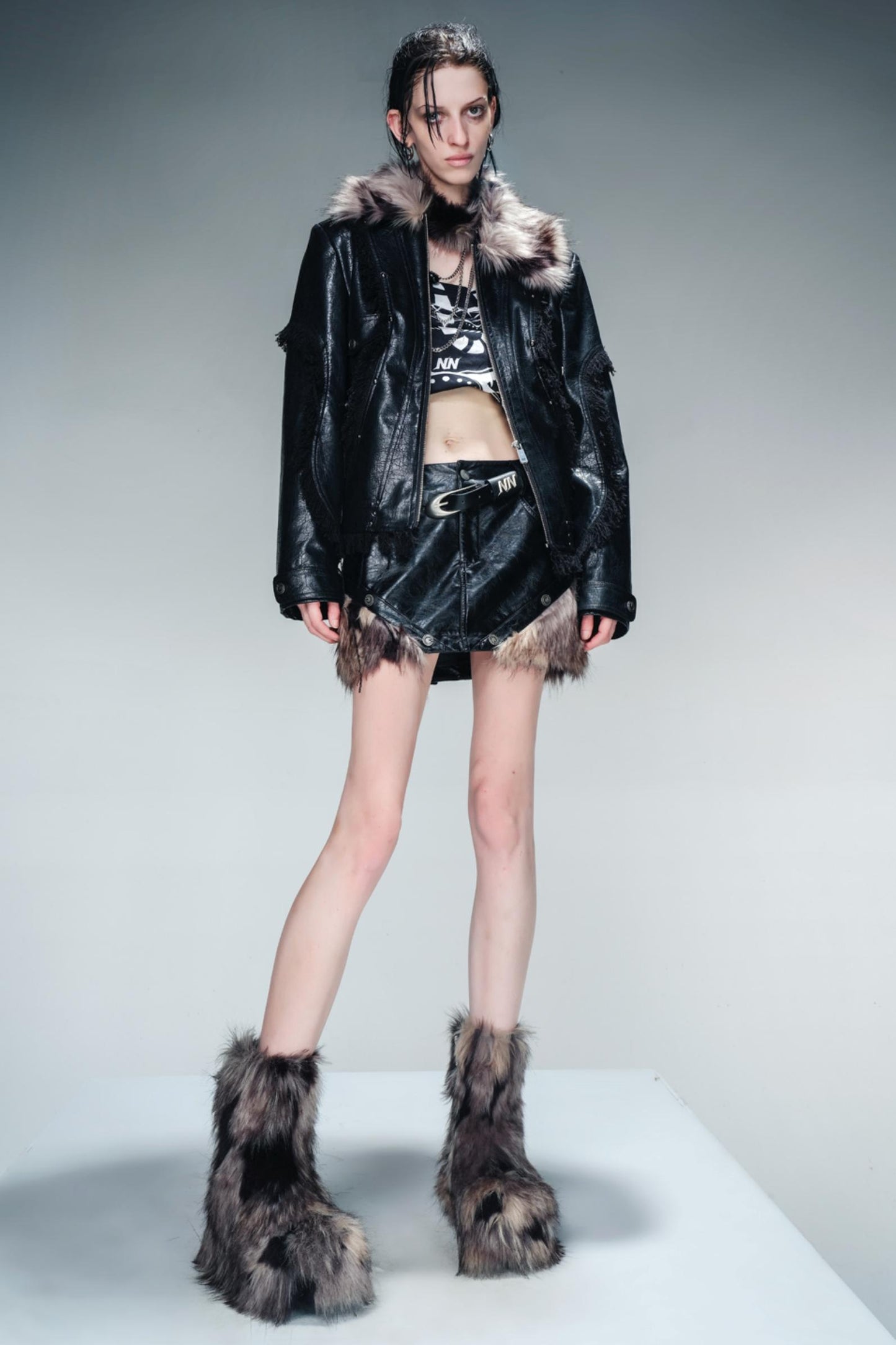 Washed Panelled Fur Skirt