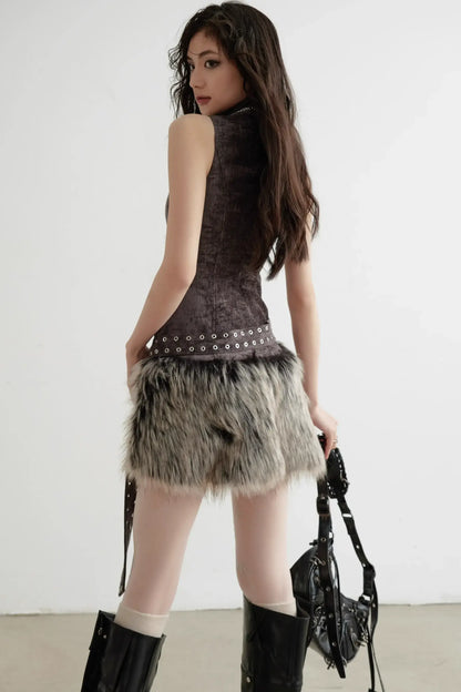 Fur Panelled High-neck Vest Top