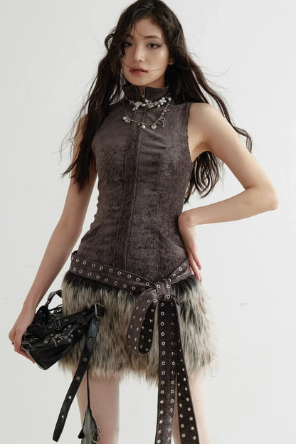 Fur Panelled High-neck Vest Top