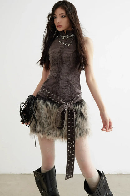 Fur Panelled High-neck Vest Top